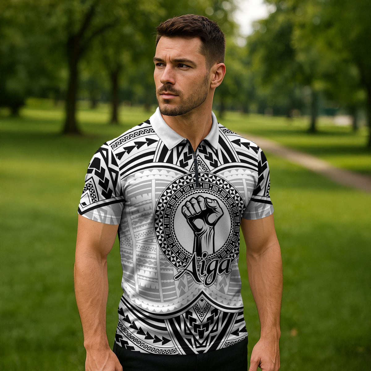 Aiga Samoa Raised Fist Zipper Polo Shirt Polynesian Tribal Tattoo Art Family Pride