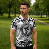 Aiga Samoa Raised Fist Zipper Polo Shirt Polynesian Tribal Tattoo Art Family Pride