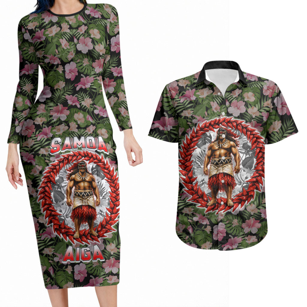Samoa Aiga Polynesian Couples Matching Long Sleeve Bodycon Dress and Hawaiian Shirt Tropical Floral Hibiscus Pattern Island Heritage