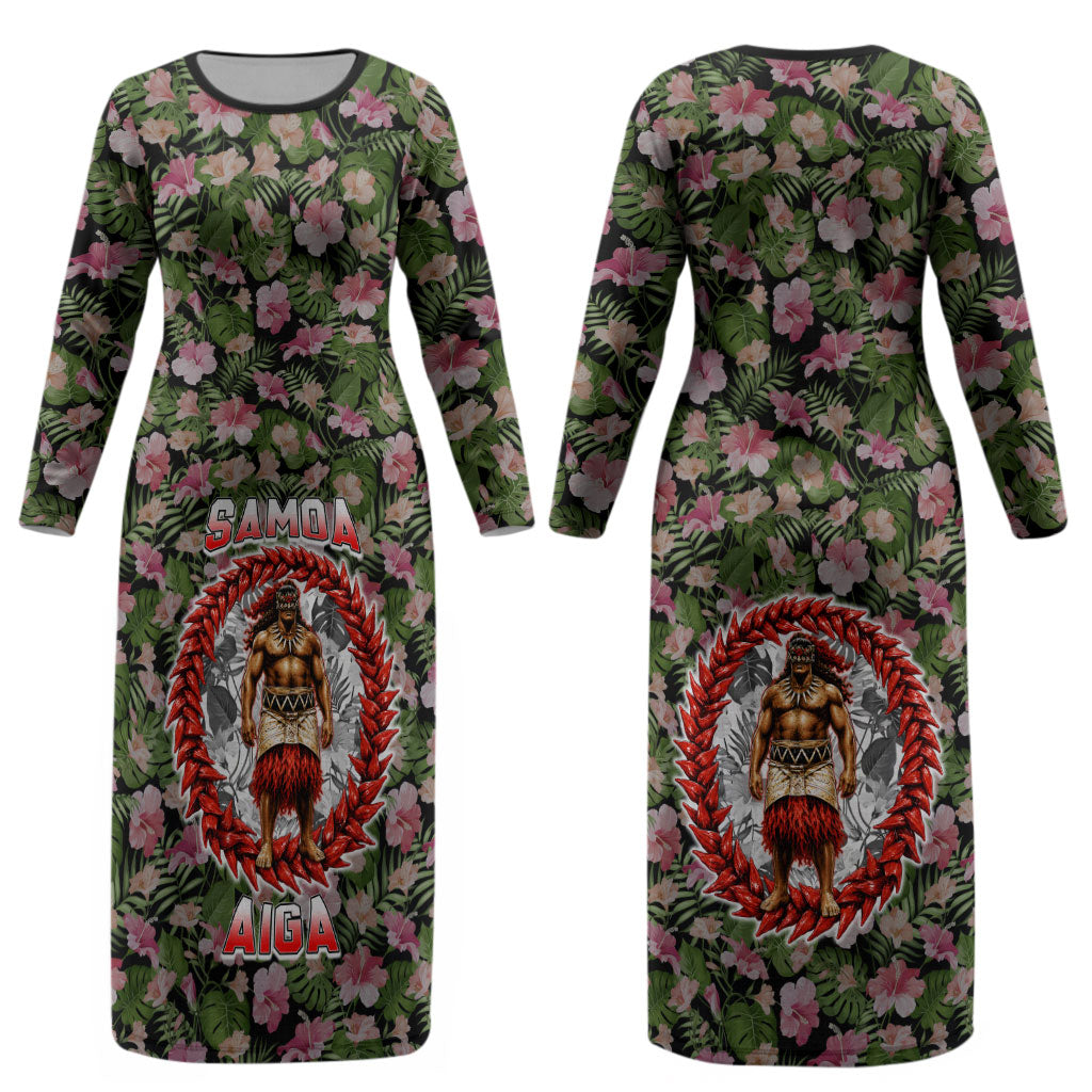 Samoa Aiga Polynesian Couples Matching Long Sleeve Bodycon Dress and Hawaiian Shirt Tropical Floral Hibiscus Pattern Island Heritage