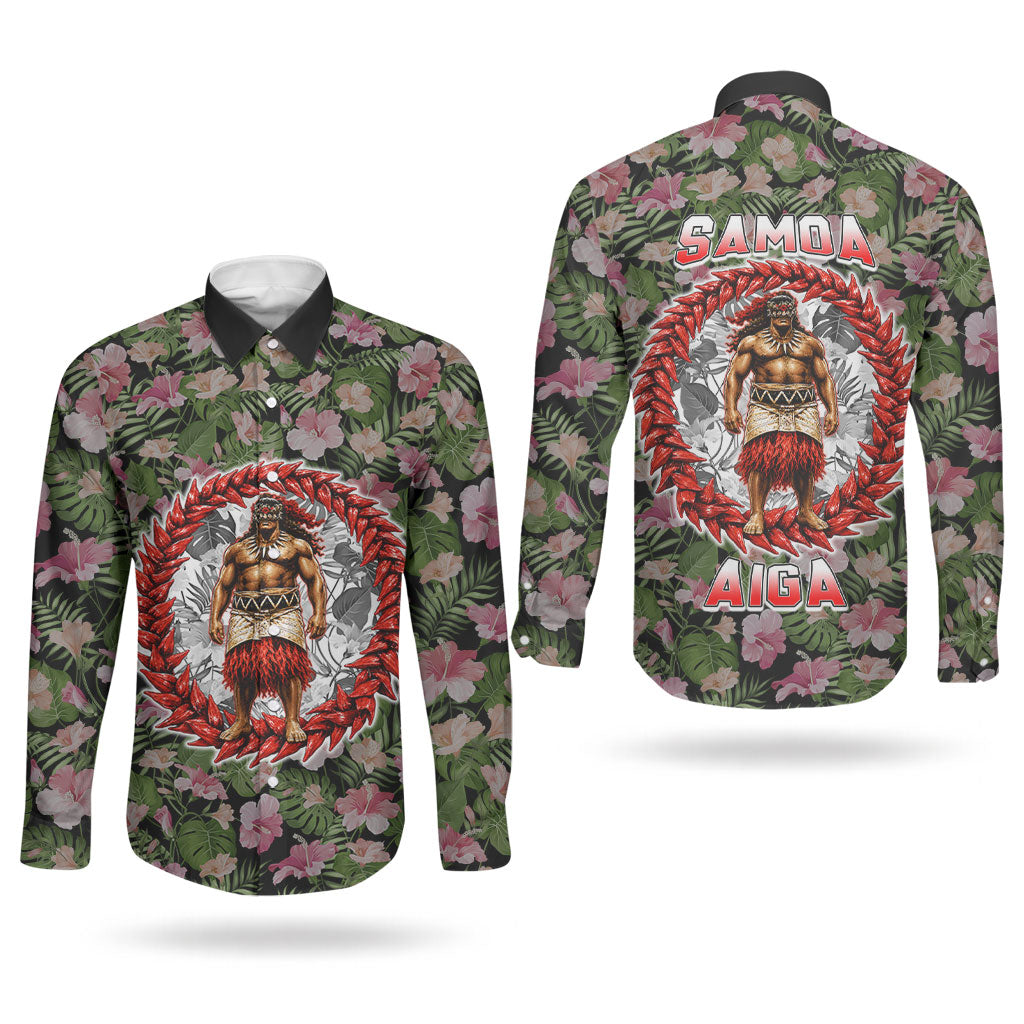 Samoa Aiga Polynesian Couples Matching Long Sleeve Bodycon Dress and Long Sleeve Button Shirt Tropical Floral Hibiscus Pattern Island Heritage