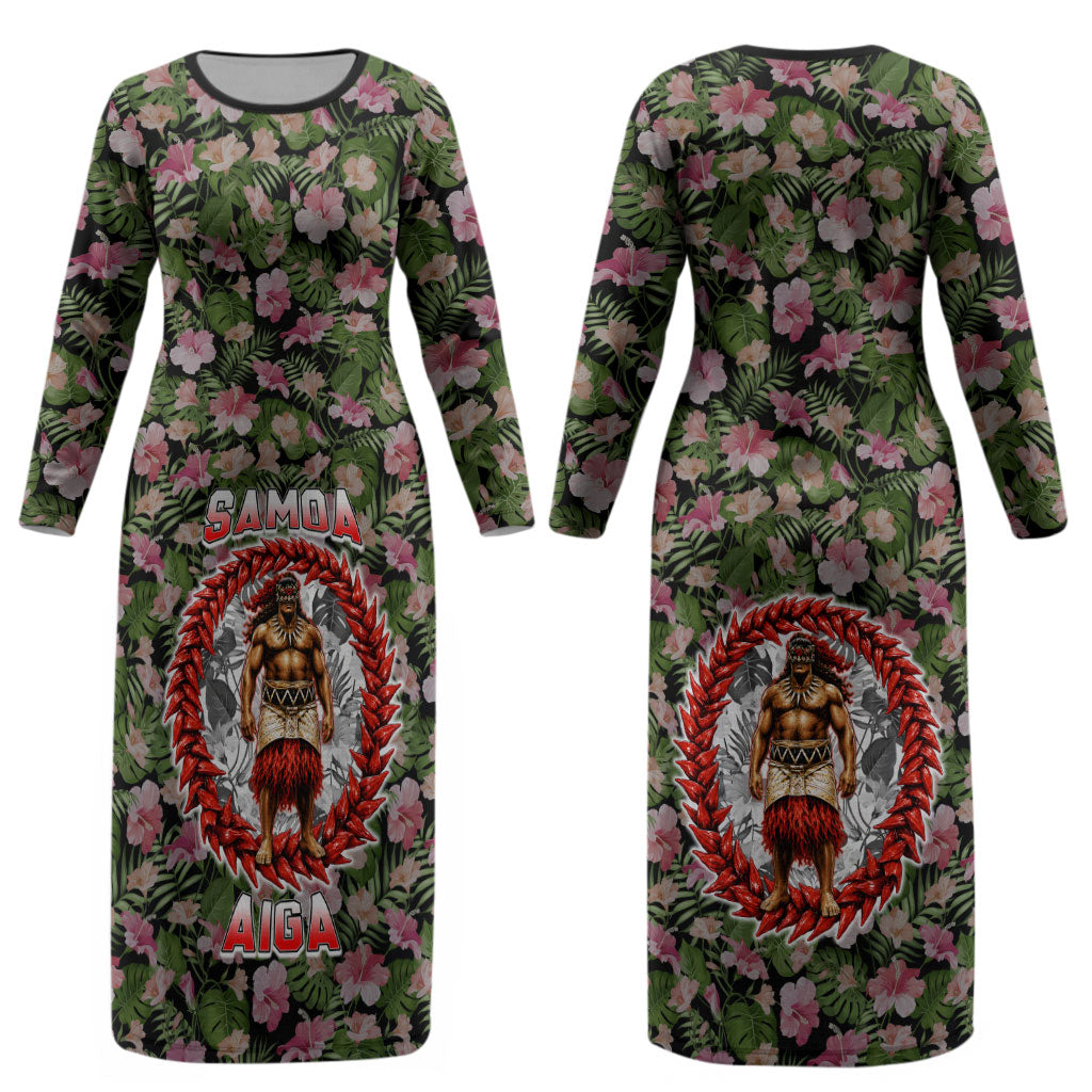 Samoa Aiga Polynesian Couples Matching Long Sleeve Bodycon Dress and Long Sleeve Button Shirt Tropical Floral Hibiscus Pattern Island Heritage