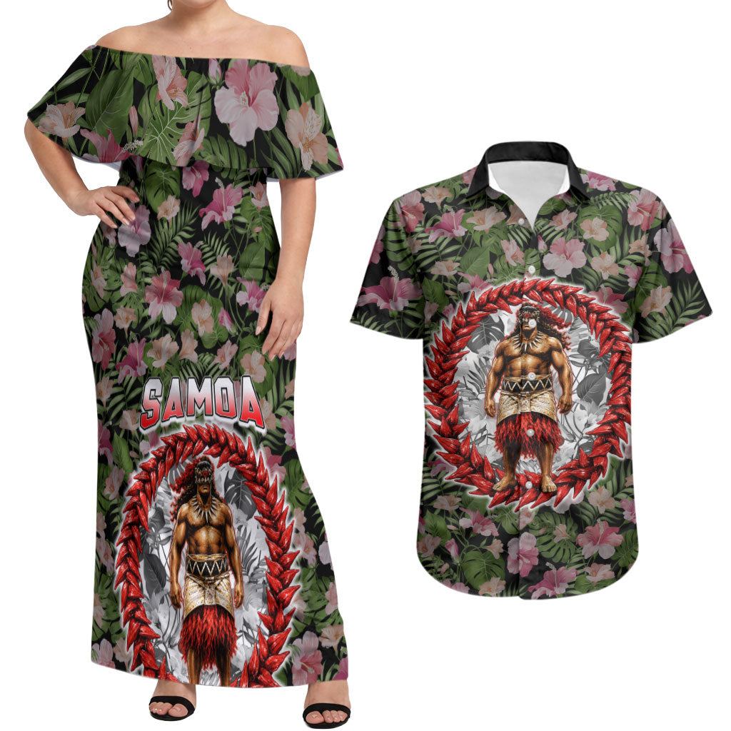 Samoa Aiga Polynesian Couples Matching Off Shoulder Maxi Dress and Hawaiian Shirt Tropical Floral Hibiscus Pattern Island Heritage TS04 Green Red - Polynesian Pride