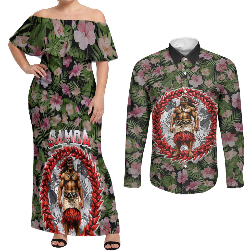 Samoa Aiga Polynesian Couples Matching Off Shoulder Maxi Dress and Long Sleeve Button Shirt Tropical Floral Hibiscus Pattern Island Heritage