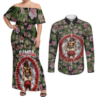 Samoa Aiga Polynesian Couples Matching Off Shoulder Maxi Dress and Long Sleeve Button Shirt Tropical Floral Hibiscus Pattern Island Heritage