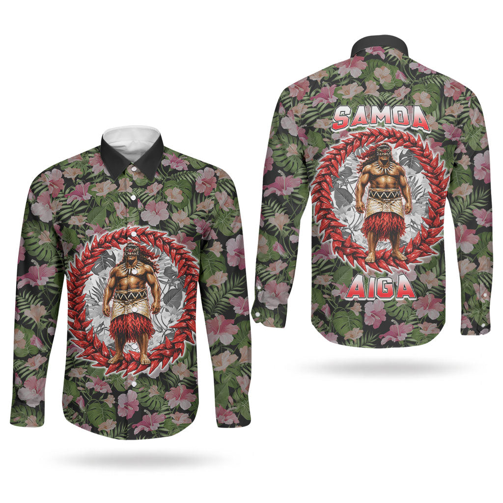 Samoa Aiga Polynesian Couples Matching Off Shoulder Maxi Dress and Long Sleeve Button Shirt Tropical Floral Hibiscus Pattern Island Heritage