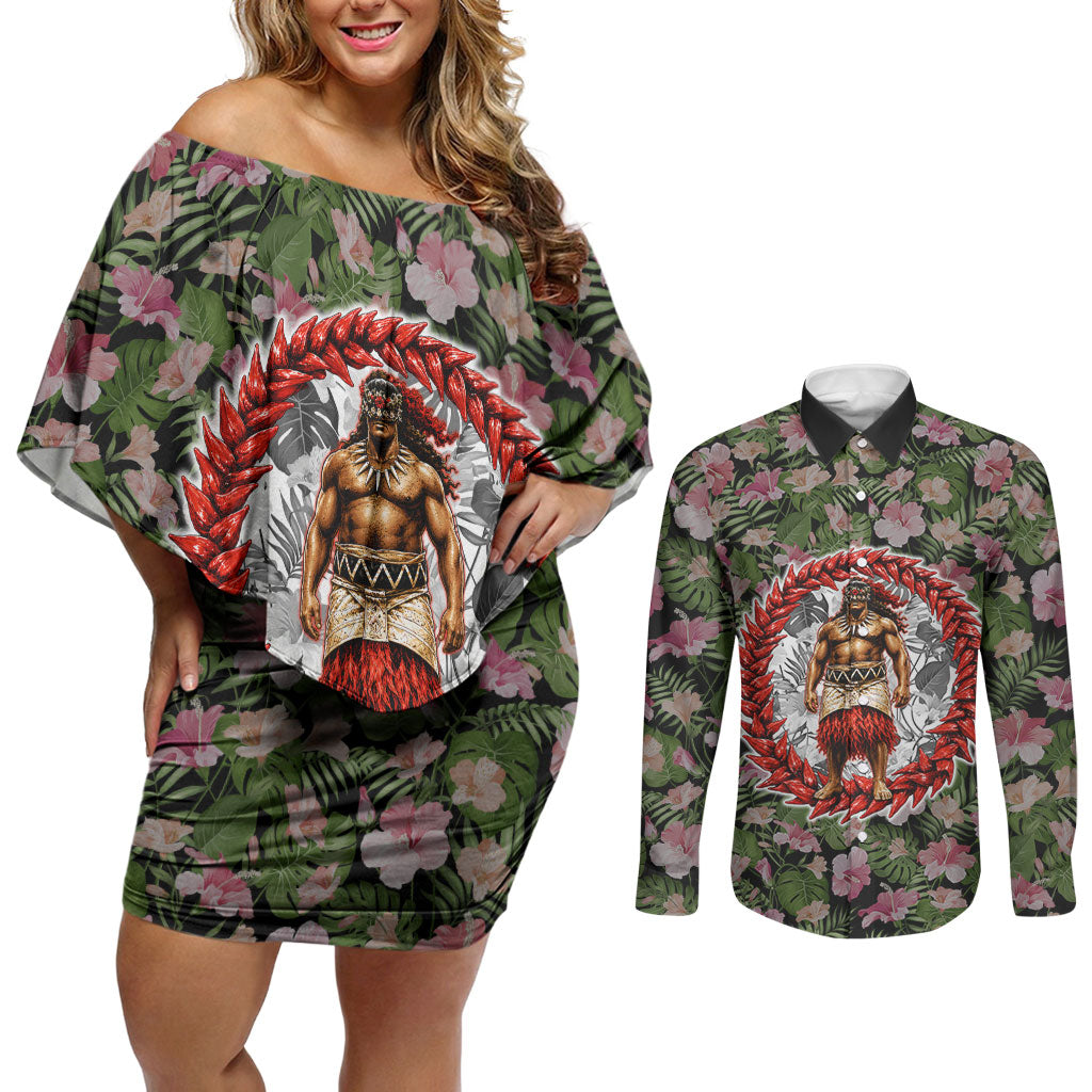 Samoa Aiga Polynesian Couples Matching Off Shoulder Short Dress and Long Sleeve Button Shirt Tropical Floral Hibiscus Pattern Island Heritage