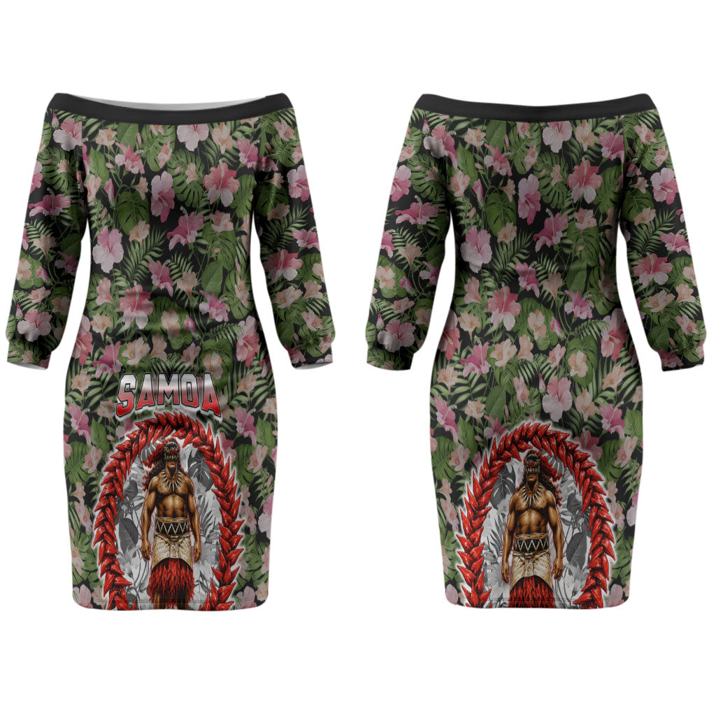 Samoa Aiga Polynesian Couples Matching Off The Shoulder Long Sleeve Dress and Hawaiian Shirt Tropical Floral Hibiscus Pattern Island Heritage