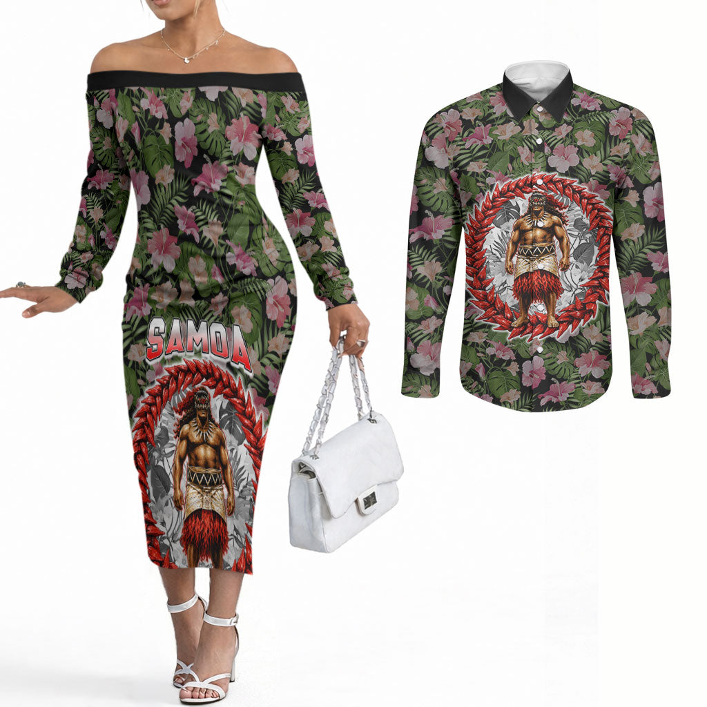 Samoa Aiga Polynesian Couples Matching Off The Shoulder Long Sleeve Dress and Long Sleeve Button Shirt Tropical Floral Hibiscus Pattern Island Heritage