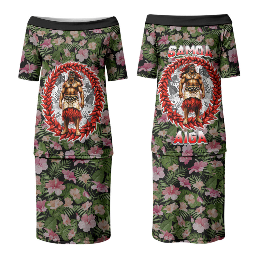 Samoa Aiga Polynesian Couples Matching Puletasi and Long Sleeve Button Shirt Tropical Floral Hibiscus Pattern Island Heritage