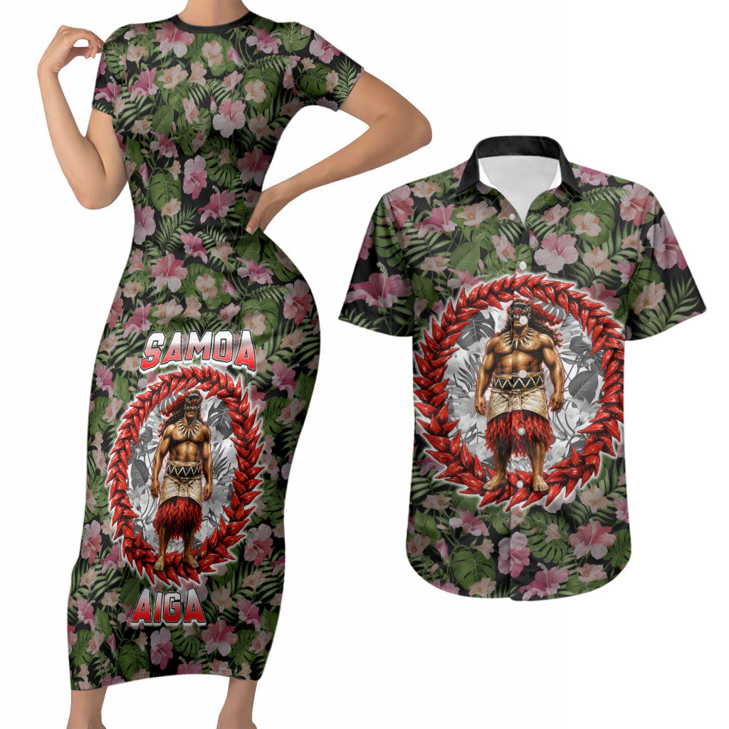 Samoa Aiga Polynesian Couples Matching Short Sleeve Bodycon Dress and Hawaiian Shirt Tropical Floral Hibiscus Pattern Island Heritage