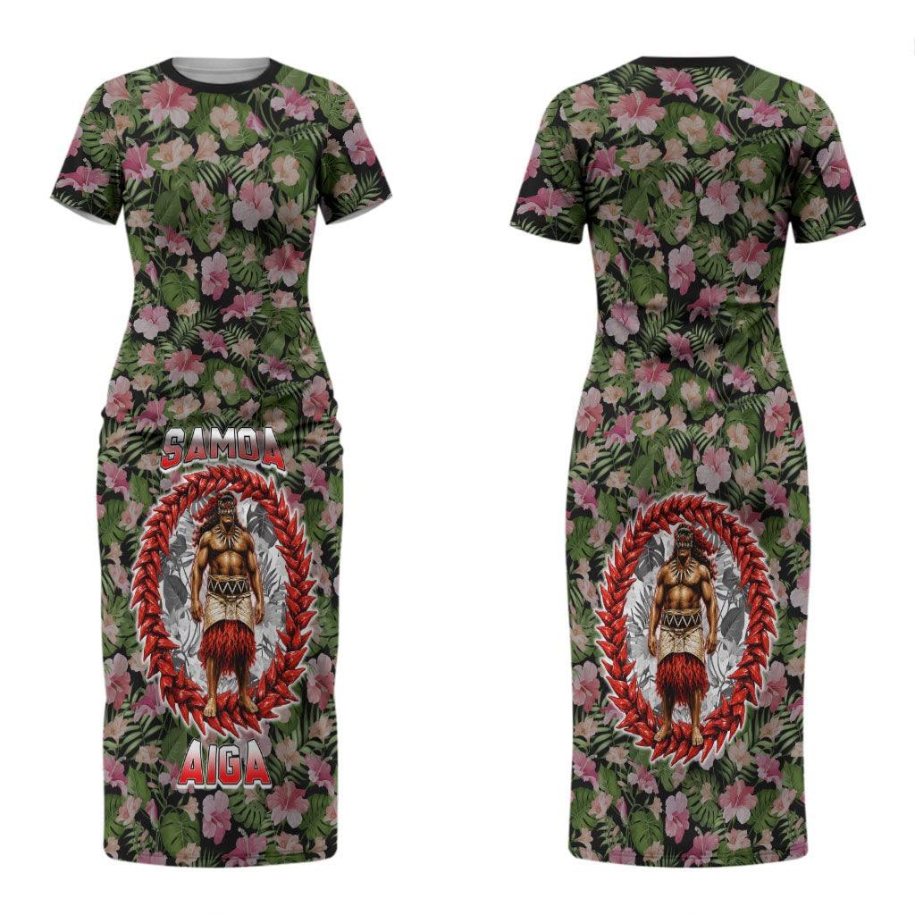 Samoa Aiga Polynesian Couples Matching Short Sleeve Bodycon Dress and Hawaiian Shirt Tropical Floral Hibiscus Pattern Island Heritage