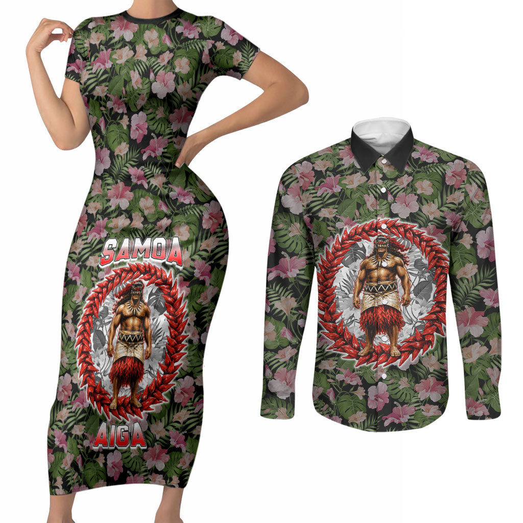 Samoa Aiga Polynesian Couples Matching Short Sleeve Bodycon Dress and Long Sleeve Button Shirt Tropical Floral Hibiscus Pattern Island Heritage