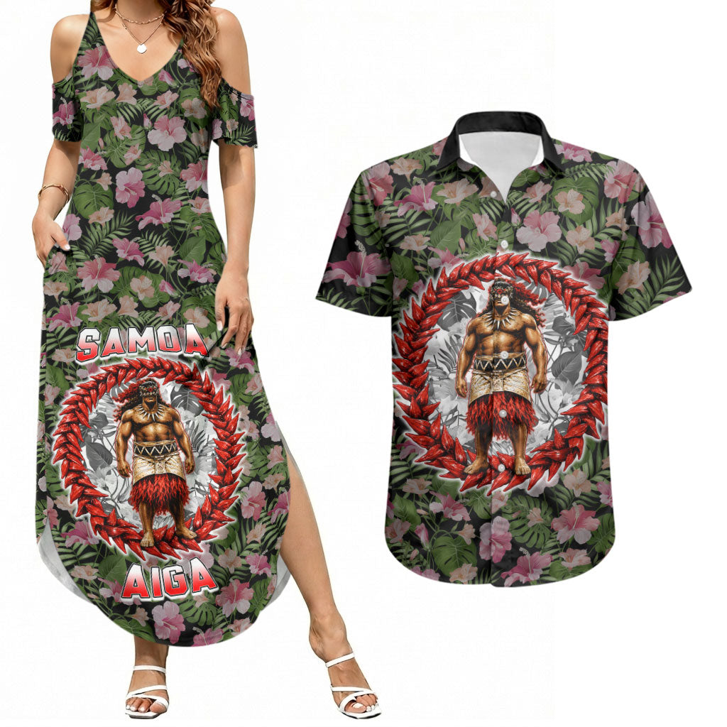 Samoa Aiga Polynesian Couples Matching Summer Maxi Dress and Hawaiian Shirt Tropical Floral Hibiscus Pattern Island Heritage