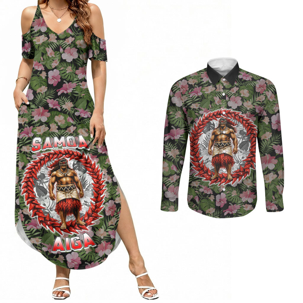 Samoa Aiga Polynesian Couples Matching Summer Maxi Dress and Long Sleeve Button Shirt Tropical Floral Hibiscus Pattern Island Heritage