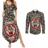 Samoa Aiga Polynesian Couples Matching Summer Maxi Dress and Long Sleeve Button Shirt Tropical Floral Hibiscus Pattern Island Heritage