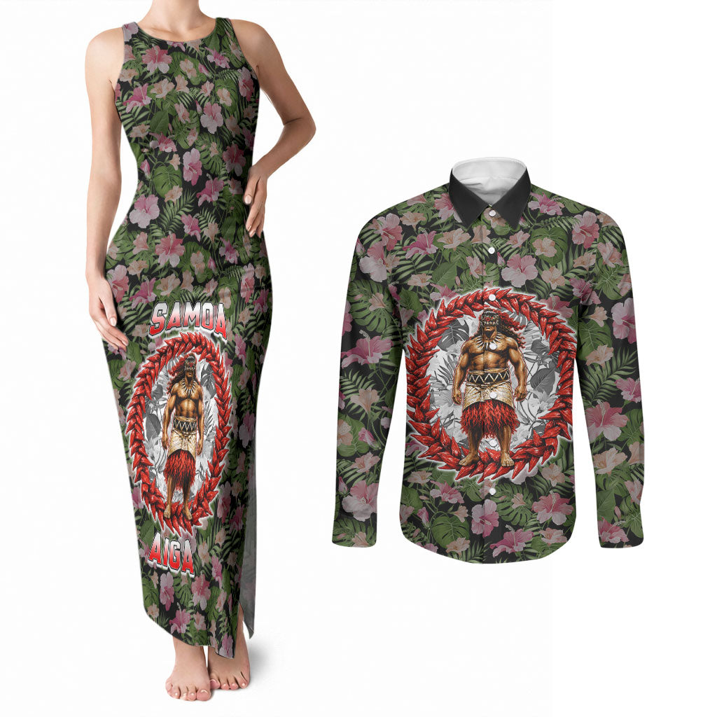 Samoa Aiga Polynesian Couples Matching Tank Maxi Dress and Long Sleeve Button Shirt Tropical Floral Hibiscus Pattern Island Heritage