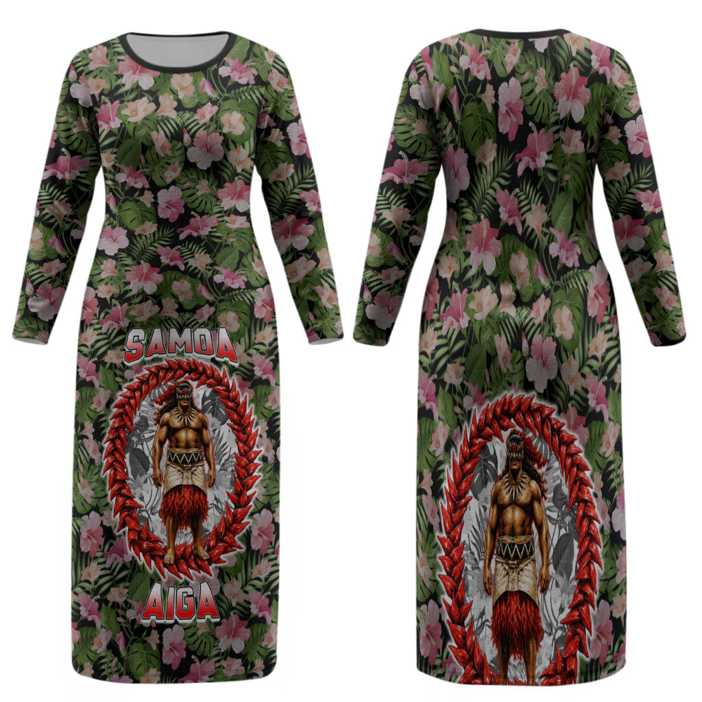 Samoa Aiga Polynesian Family Matching Long Sleeve Bodycon Dress and Hawaiian Shirt Tropical Floral Hibiscus Pattern Island Heritage