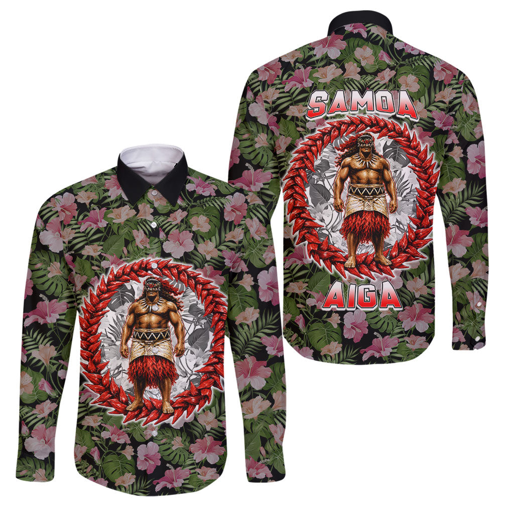 Samoa Aiga Polynesian Family Matching Long Sleeve Bodycon Dress and Hawaiian Shirt Tropical Floral Hibiscus Pattern Island Heritage
