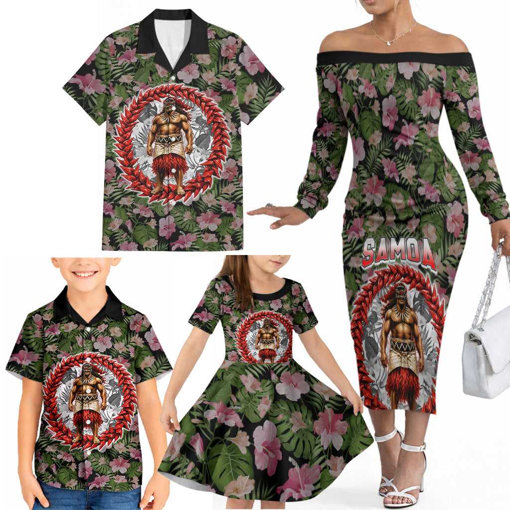 Samoa Aiga Polynesian Family Matching Off The Shoulder Long Sleeve Dress and Hawaiian Shirt Tropical Floral Hibiscus Pattern Island Heritage