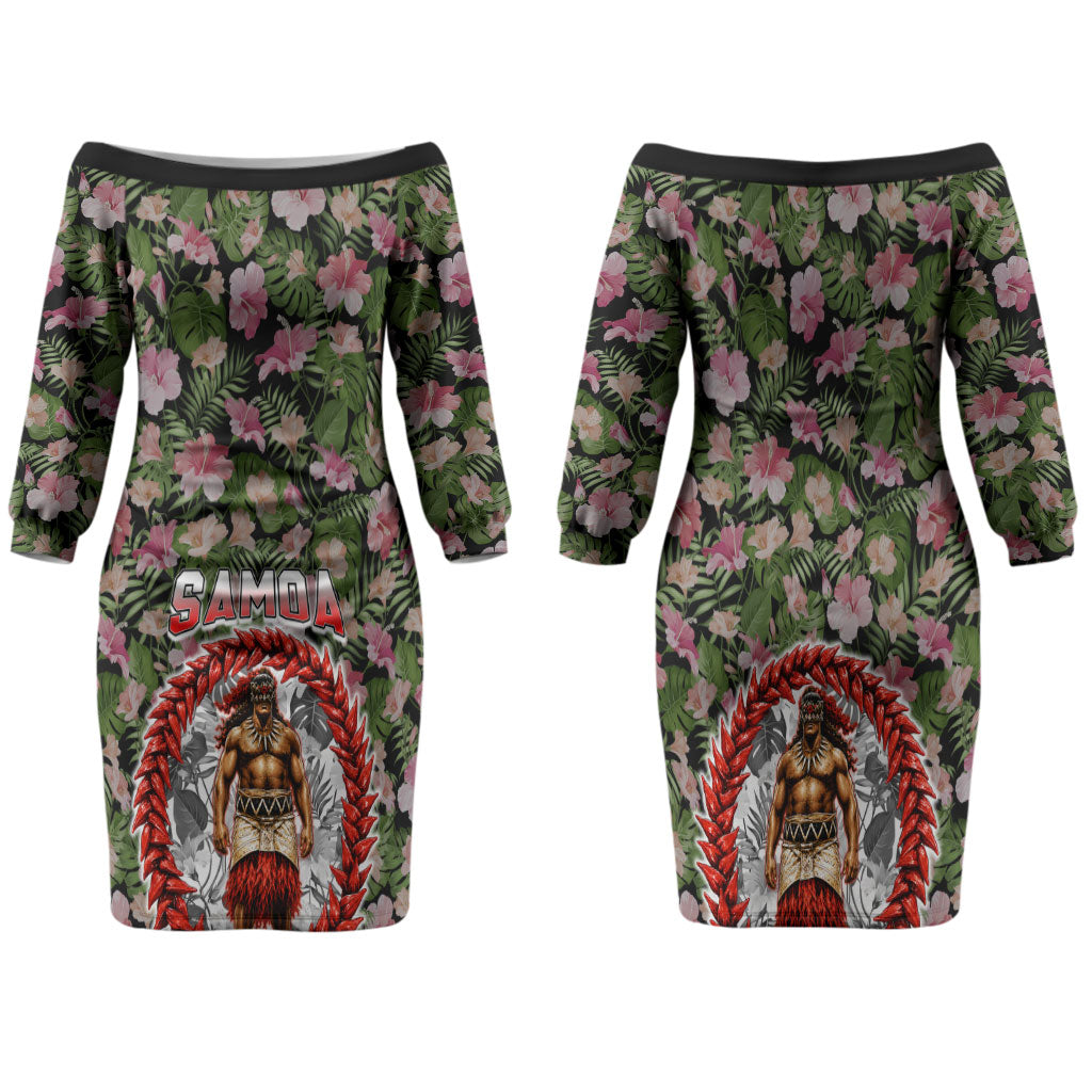 Samoa Aiga Polynesian Family Matching Off The Shoulder Long Sleeve Dress and Hawaiian Shirt Tropical Floral Hibiscus Pattern Island Heritage