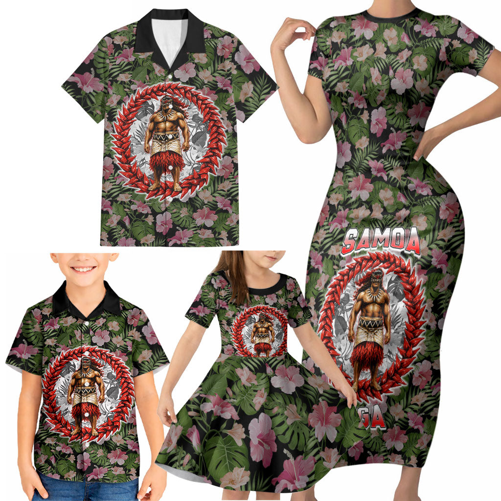 Samoa Aiga Polynesian Family Matching Short Sleeve Bodycon Dress and Hawaiian Shirt Tropical Floral Hibiscus Pattern Island Heritage