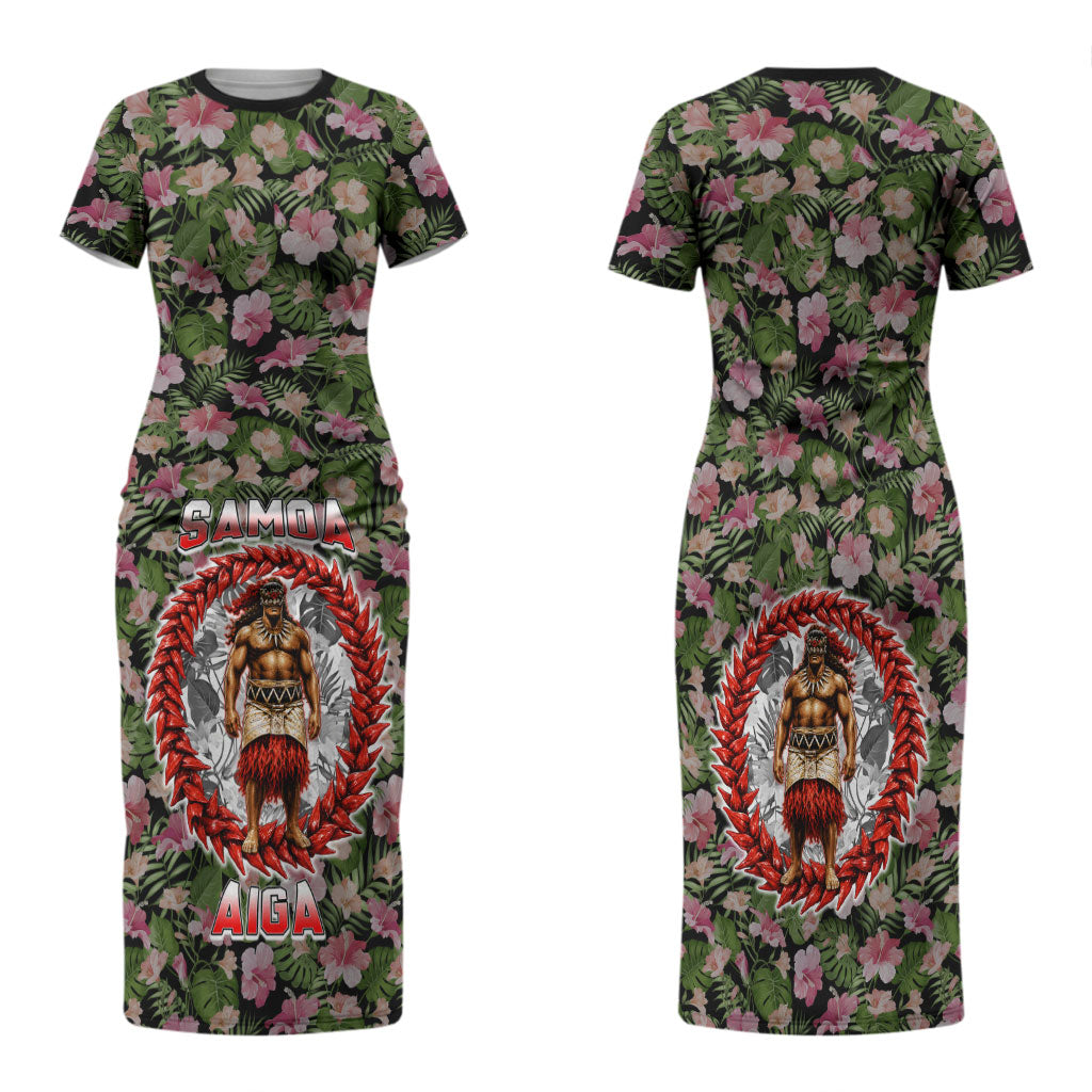 Samoa Aiga Polynesian Family Matching Short Sleeve Bodycon Dress and Hawaiian Shirt Tropical Floral Hibiscus Pattern Island Heritage