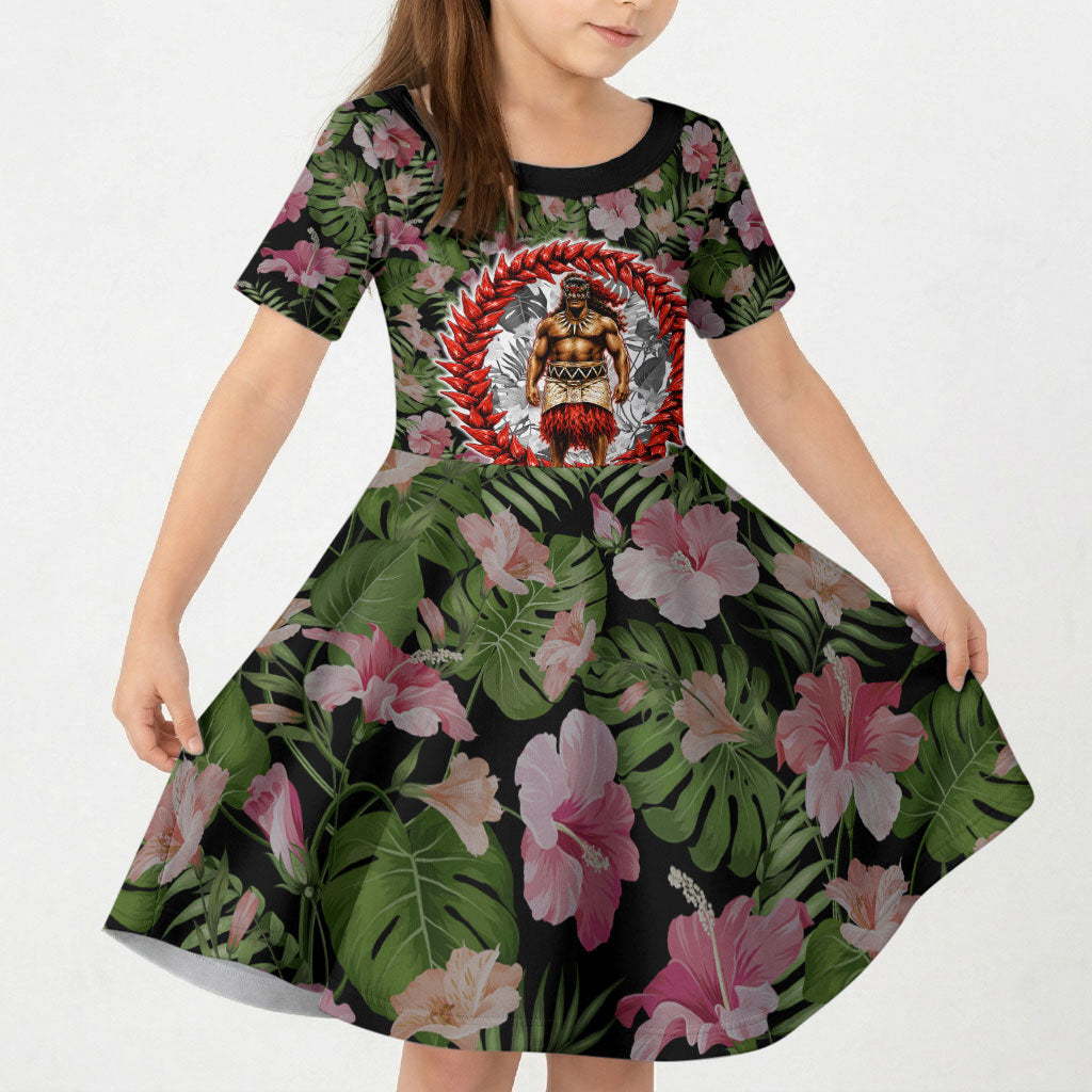 Samoa Aiga Polynesian Kid Short Sleeve Dress Tropical Floral Hibiscus Pattern Island Heritage TS04 KID Green Red - Polynesian Pride