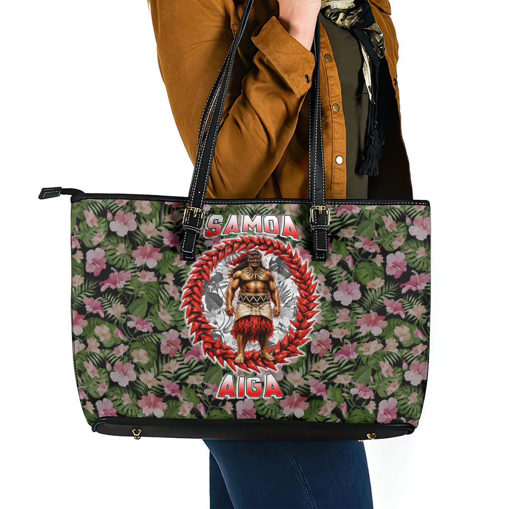 Samoa Aiga Polynesian Leather Tote Bag Tropical Floral Hibiscus Pattern Island Heritage