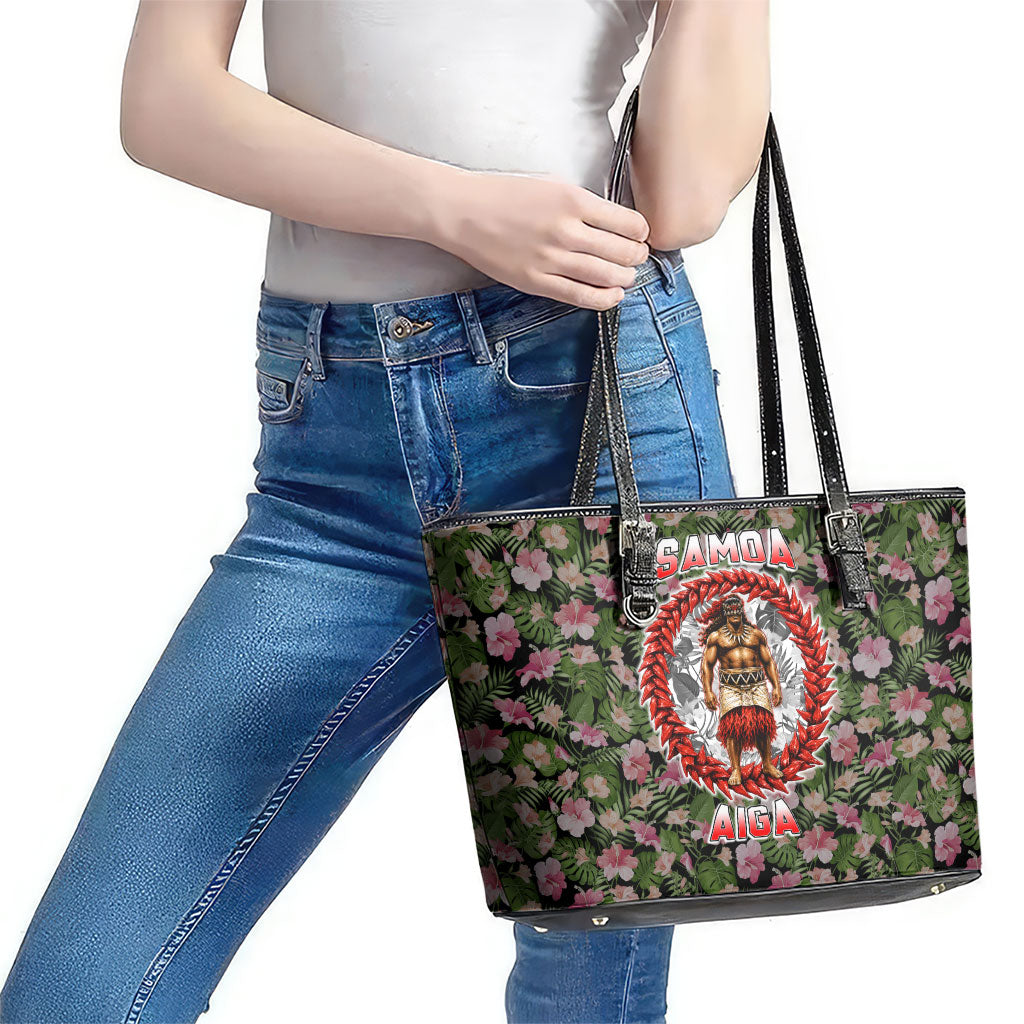Samoa Aiga Polynesian Leather Tote Bag Tropical Floral Hibiscus Pattern Island Heritage