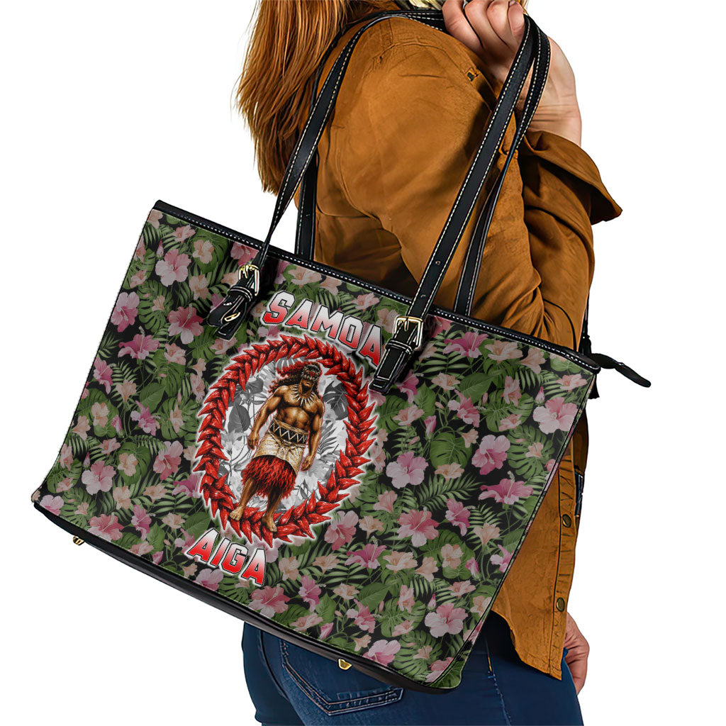 Samoa Aiga Polynesian Leather Tote Bag Tropical Floral Hibiscus Pattern Island Heritage
