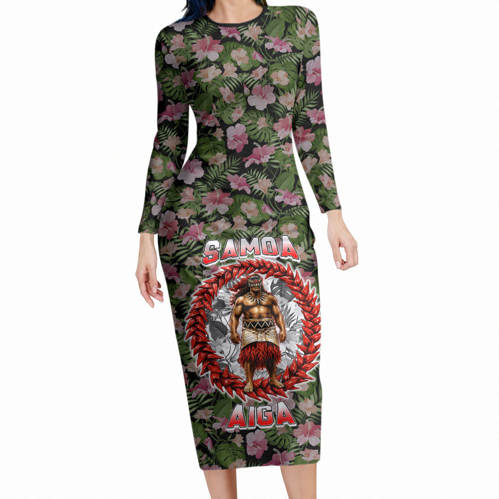 Samoa Aiga Polynesian Long Sleeve Bodycon Dress Tropical Floral Hibiscus Pattern Island Heritage