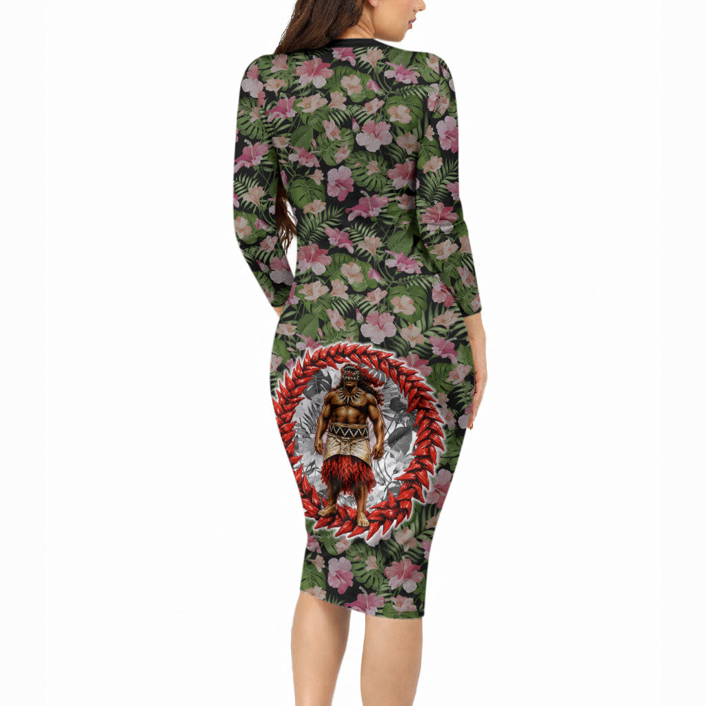 Samoa Aiga Polynesian Long Sleeve Bodycon Dress Tropical Floral Hibiscus Pattern Island Heritage