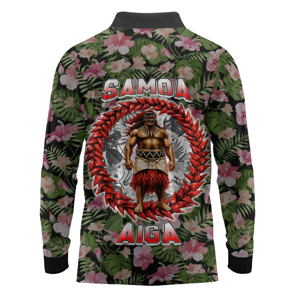 Samoa Aiga Polynesian Long Sleeve Polo Shirt Tropical Floral Hibiscus Pattern Island Heritage