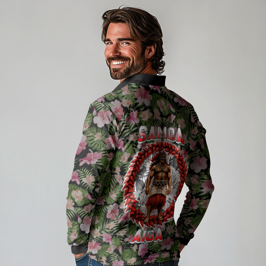 Samoa Aiga Polynesian Long Sleeve Polo Shirt Tropical Floral Hibiscus Pattern Island Heritage