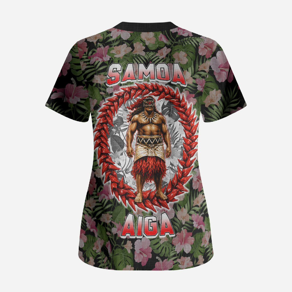 Samoa Aiga Polynesian Scrub Top Tropical Floral Hibiscus Pattern Island Heritage