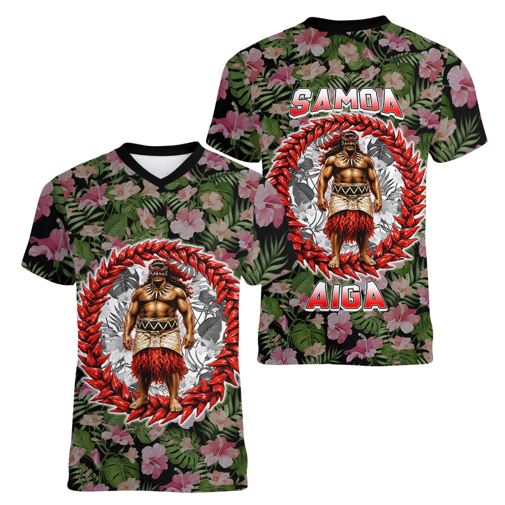 Samoa Aiga Polynesian Women V-Neck T-Shirt Tropical Floral Hibiscus Pattern Island Heritage