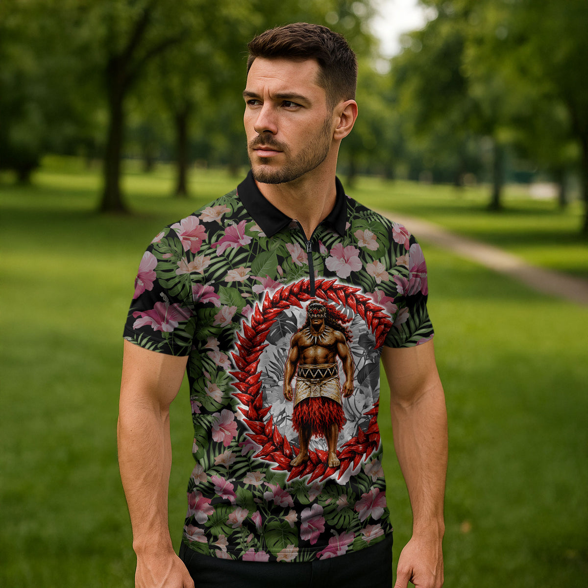 Samoa Aiga Polynesian Zipper Polo Shirt Tropical Floral Hibiscus Pattern Island Heritage