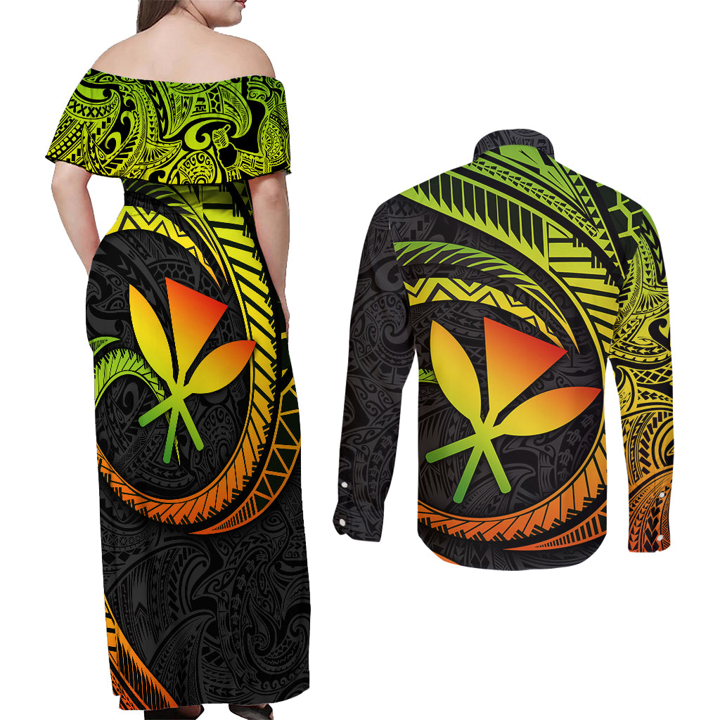 Hawaii Kanaka Maoli Couples Matching Off Shoulder Maxi Dress and Long Sleeve Button Shirts Polynesian Tornado Infusion Gradient TS04 - Polynesian Pride