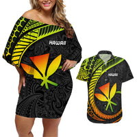Hawaii Kanaka Maoli Couples Matching Off Shoulder Short Dress and Hawaiian Shirt Polynesian Tornado Infusion Gradient TS04 Gradient - Polynesian Pride