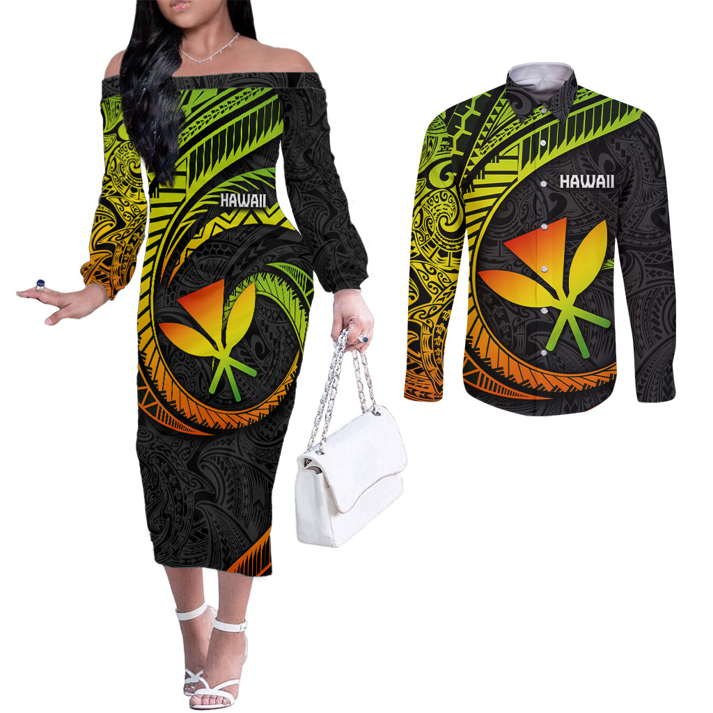 Hawaii Kanaka Maoli Couples Matching Off The Shoulder Long Sleeve Dress and Long Sleeve Button Shirts Polynesian Tornado Infusion Gradient TS04 Gradient - Polynesian Pride