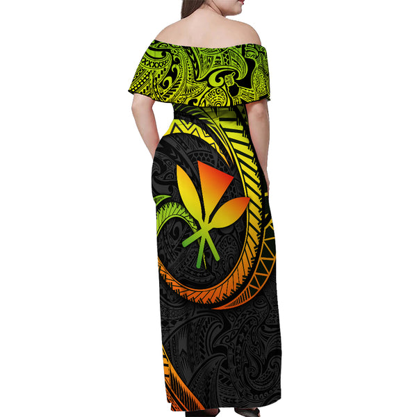 Polynesian Hawaii (Kanaka Maoli) Off Shoulder Sweater - Blue Turtle Hibiscus Flowing