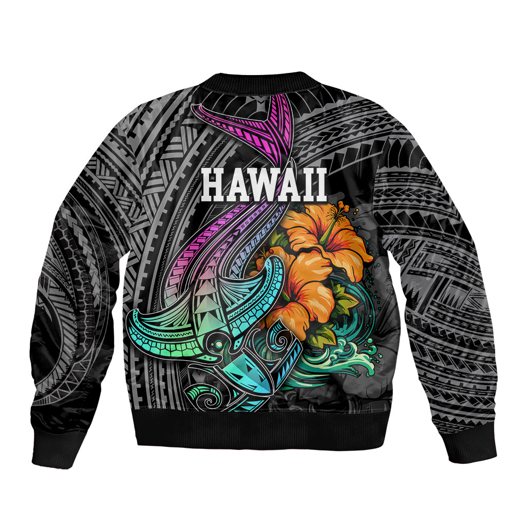 Hawaii Polynesian Bomber Jacket with Tribal Hammerhead Sharks and Hibiscus Black TS04 - Polynesian Pride
