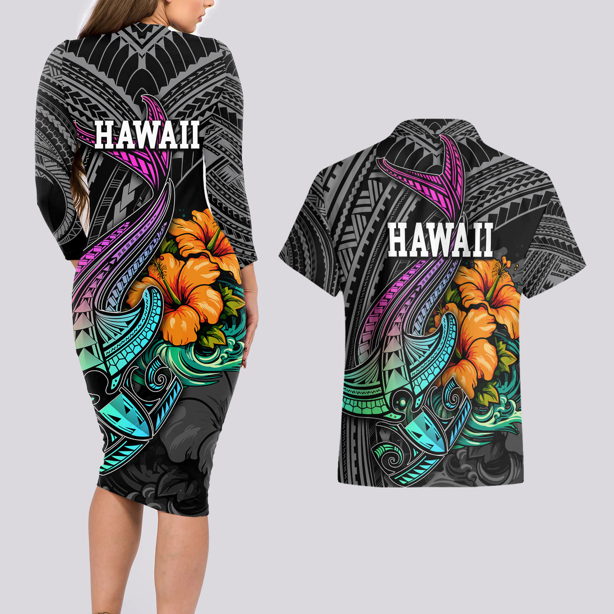 Hawaii Polynesian Couples Matching Long Sleeve Bodycon Dress and Hawaiian Shirt with Tribal Hammerhead Sharks and Hibiscus Black TS04 - Polynesian Pride