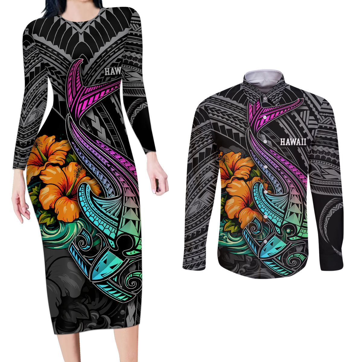 Hawaii Polynesian Couples Matching Long Sleeve Bodycon Dress and Long Sleeve Button Shirt with Tribal Hammerhead Sharks and Hibiscus Black TS04 Black - Polynesian Pride