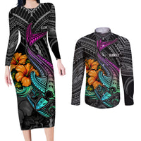 Hawaii Polynesian Couples Matching Long Sleeve Bodycon Dress and Long Sleeve Button Shirt with Tribal Hammerhead Sharks and Hibiscus Black TS04 Black - Polynesian Pride