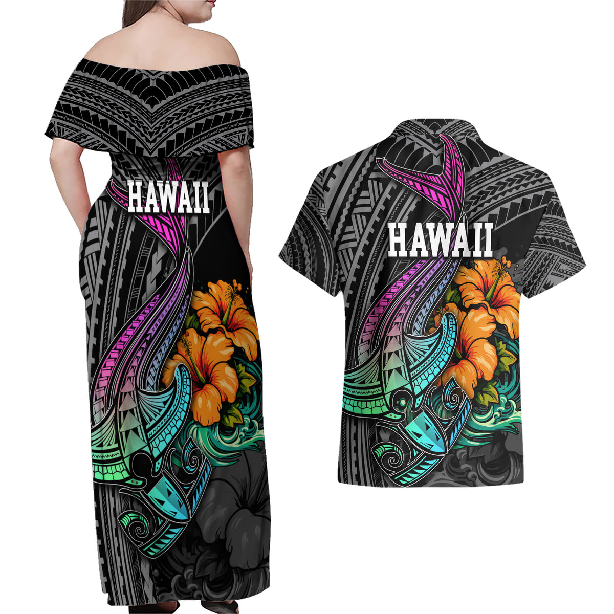 Hawaii Polynesian Couples Matching Off Shoulder Maxi Dress and Hawaiian Shirt with Tribal Hammerhead Sharks and Hibiscus Black TS04 - Polynesian Pride