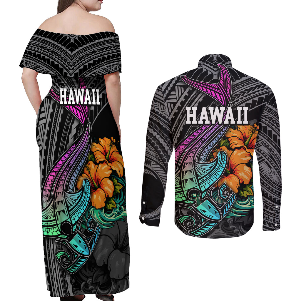 Hawaii Polynesian Couples Matching Off Shoulder Maxi Dress and Long Sleeve Button Shirt with Tribal Hammerhead Sharks and Hibiscus Black TS04 - Polynesian Pride