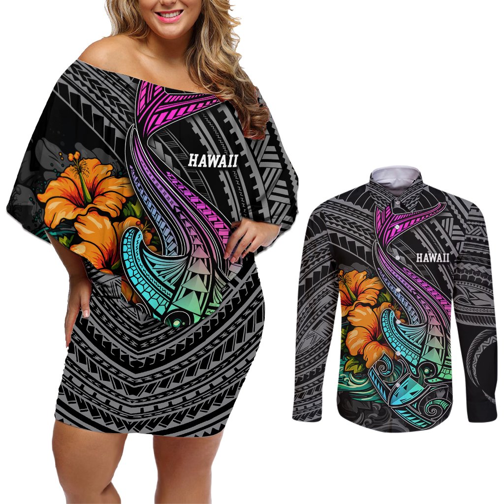 Hawaii Polynesian Couples Matching Off Shoulder Short Dress and Long Sleeve Button Shirt with Tribal Hammerhead Sharks and Hibiscus Black TS04 Black - Polynesian Pride