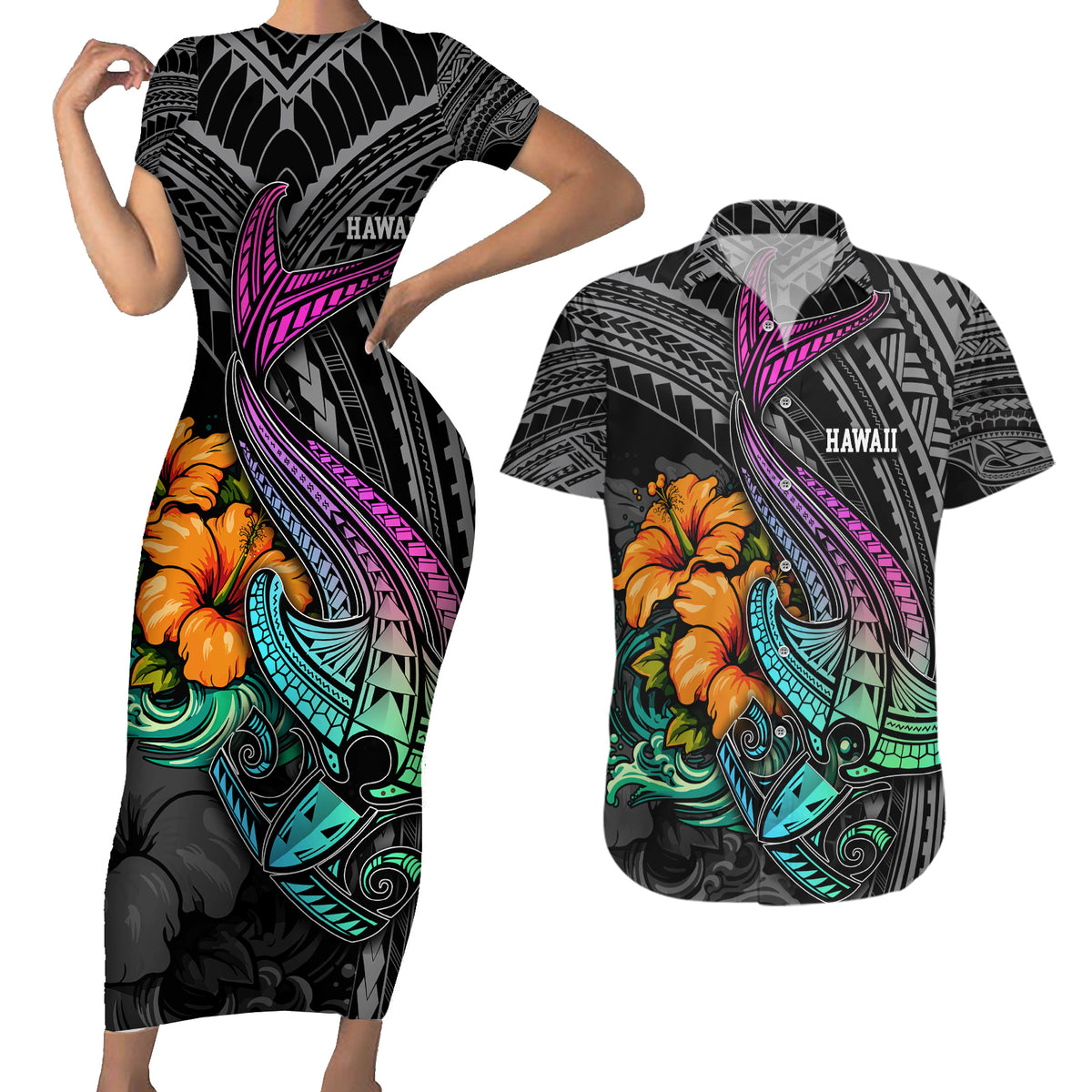 Hawaii Polynesian Couples Matching Short Sleeve Bodycon Dress and Hawaiian Shirt with Tribal Hammerhead Sharks and Hibiscus Black TS04 Black - Polynesian Pride